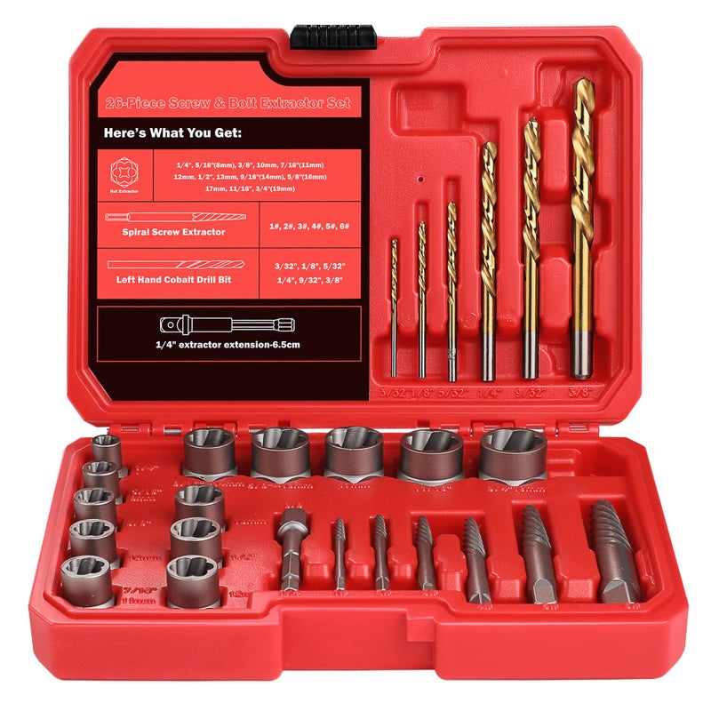 UYECOVE 30 Pcs Spiral Screw Extractor Bolt Extractor Set  6542/4341 HSS Left Hand Drill Bit Set  Stripped Bolt Remover Borken Bolt Extractor Kit for Removing Nuts Bolts with Solid Storage Case - Image 1